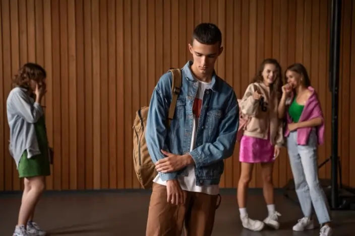 Student standing apart from a group of peers, showing signs of isolation and distress. Understand the impact of addiction among students, including the signs, symptoms, and available recovery options.