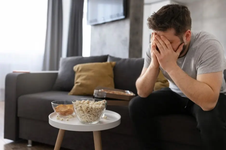 Man overwhelmed with anxiety and agitation, sitting alone with his head in his hands, symbolizing agitated depression and mental health struggle.