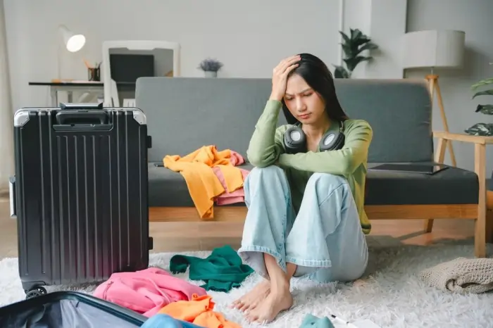 Stressed woman sitting on the floor with headphones and open luggage, feeling the overwhelming symptoms of travel fever while packing for a trip.