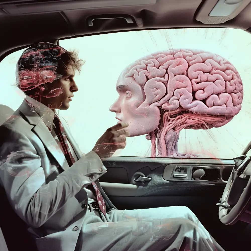 Surreal image of a man in a suit sitting in a car, facing a large anatomical brain with a human face profile in the passenger seat, symbolizing deep thought or mind–machine interaction.