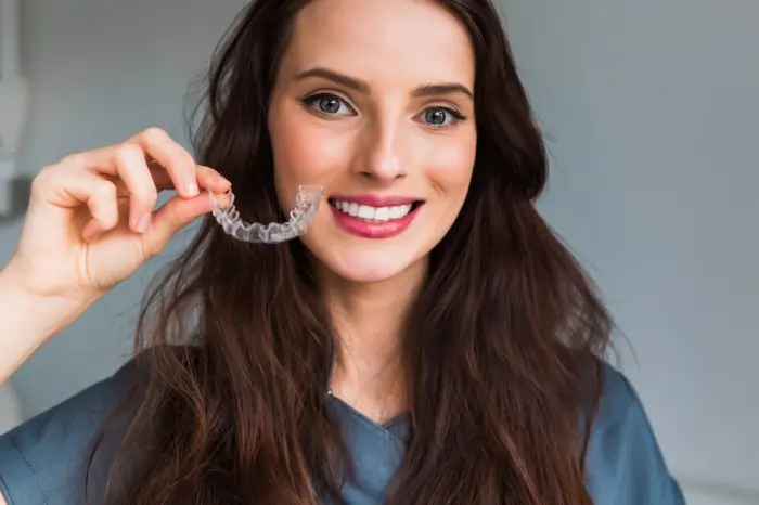 A close-up of a clear plastic aligner being placed on a dental model to explain the pressure and process for patients wondering does Invisalign hurt.